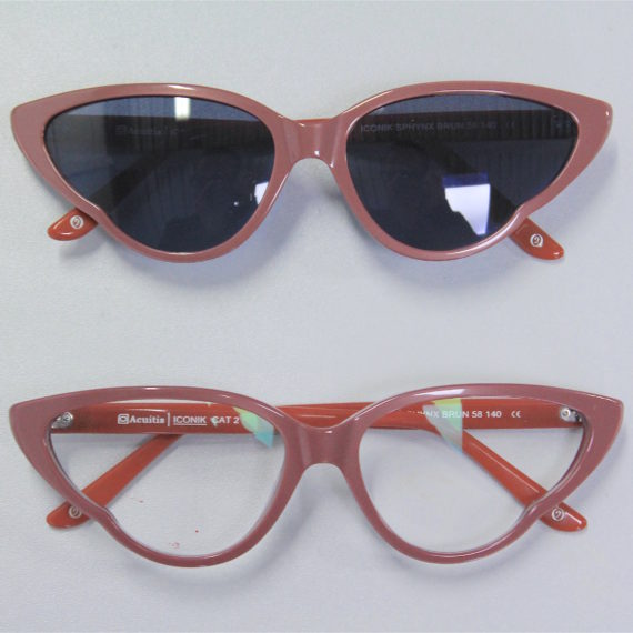 Montage de verres optiques avec découpe spéciale sur lunettes acétate originales.